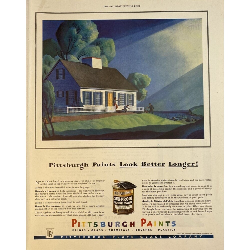 Pittsburgh Paints "Look Better Longer" Painting of House Vintage Print Ad 1948